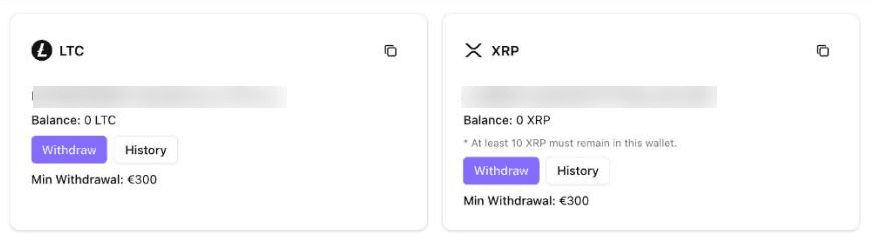 Niftipay Wallets screen showing LTC and XRP wallet cards, each with balance, Withdraw and History buttons, and a Min Withdrawal of €300; the XRP card notes at least 10 XRP must remain in the wallet